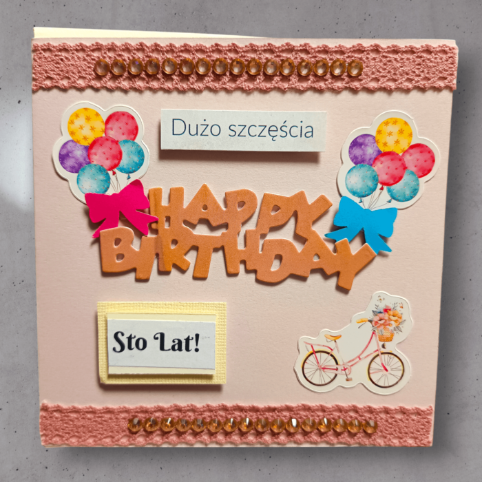 KARTKA RĘCZNIE ROBIONA NA URODZINY RÓŻOWA